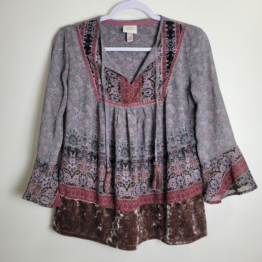KNOX ROSE Whimsigoth Peasant 3/4 Bell Sleeve Velour Mixed-Media Blouse Top XS